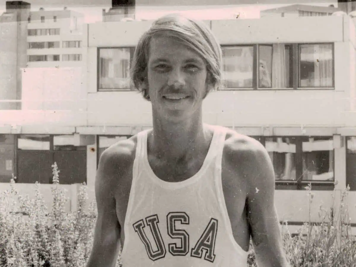 Jeff Galloway wearing USA tank top outdoors.